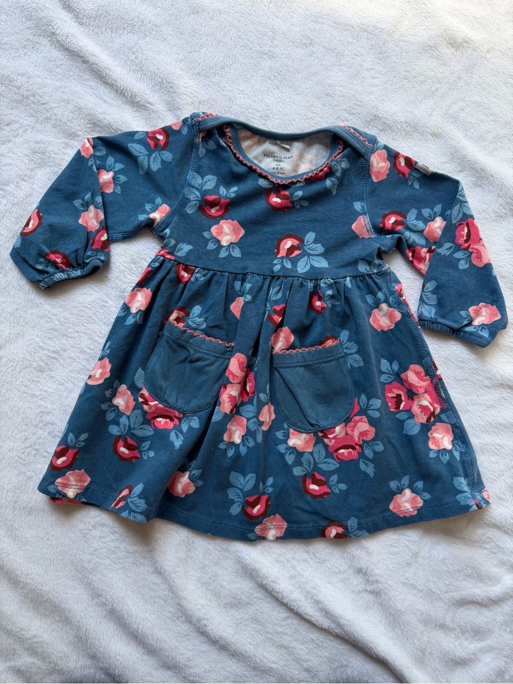 Polarn O. Pyret Blue Floral Pocket Dress with Pink Rose Print